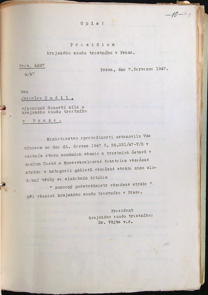 Pudil Ustanovení Pomocným Podstrážmistrem Věz. Stráže