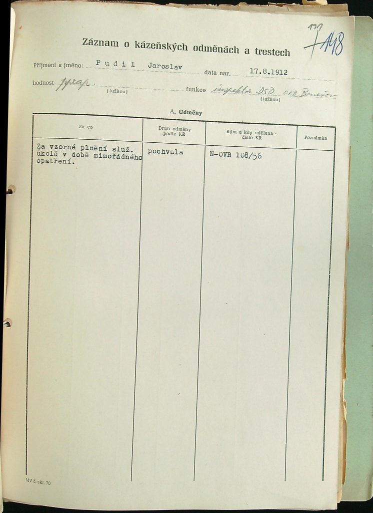 Pudil Záznam O Kázeňských Odměnách A Trestech