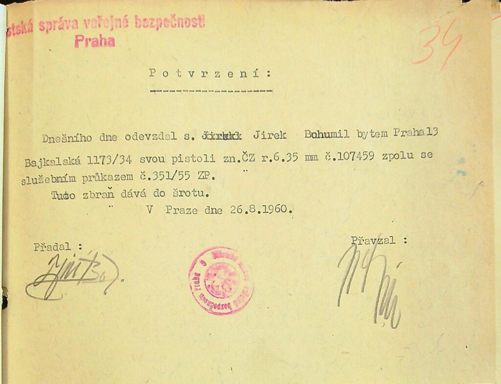 Jírek Potvrzení O Navrácení Služebního Průkazu A Pistole