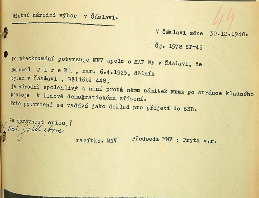 Jírek Potvrzení O Spolehlivosti K Přijetí Do Snb