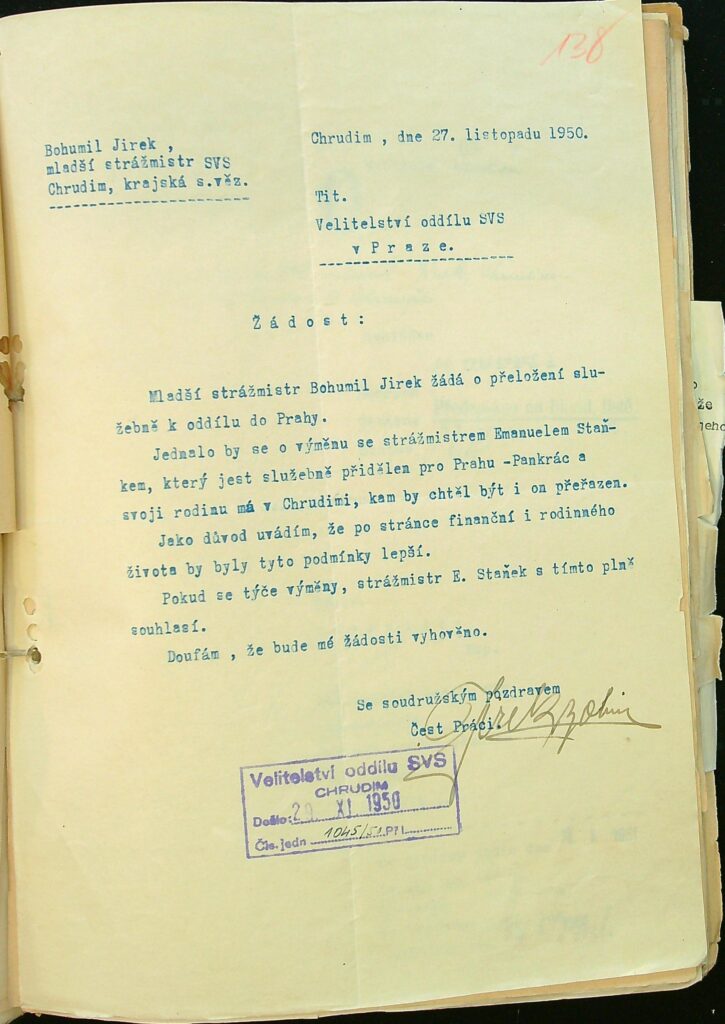 Jírek Žádost O Přeložení K Oddílu Do Prahy