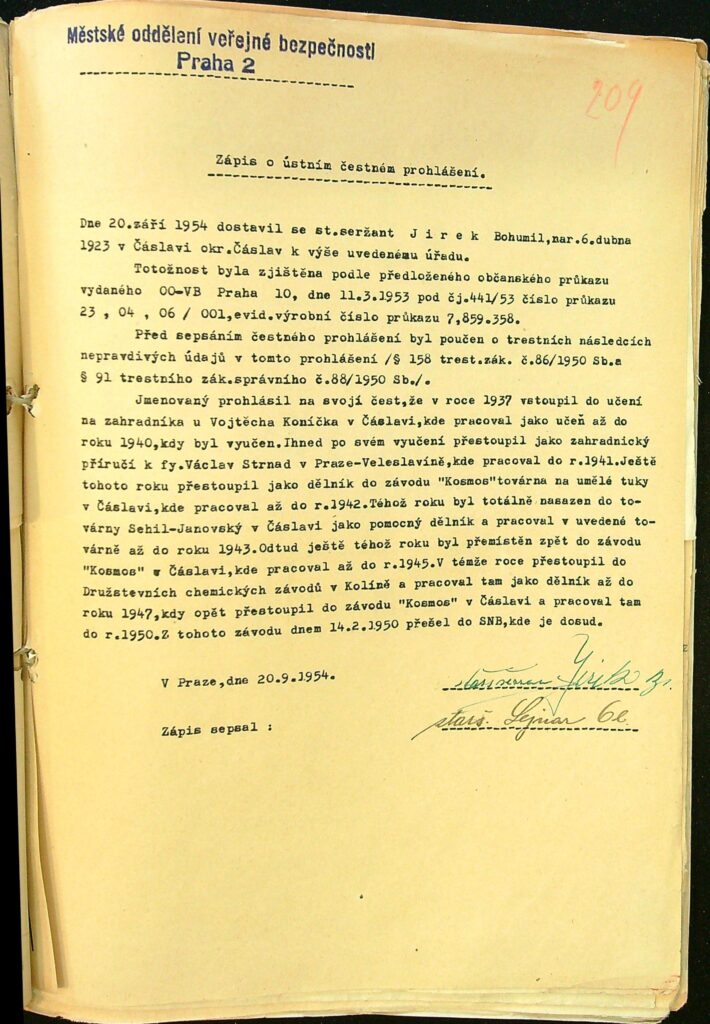 Jírek Zápis O ústním čestném Prohlášení