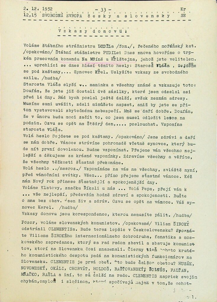 Svobodná Evropa 2.12. 1952, 12:15 hodin - Vzkazy domovu, s.1