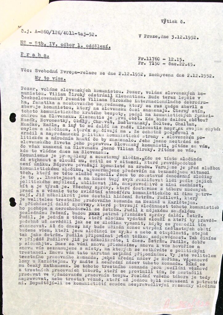 Svobodná Evropa - zachycená relace ze dne 2.12. 1952 - My to víme, s.2