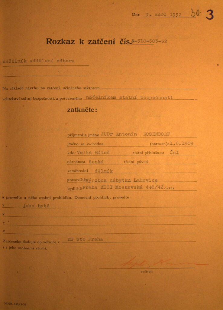Rosendorf Osobní Spis Rozkaz K Zatčení S.1