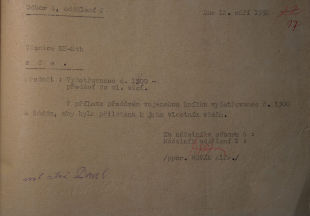 Rosendorf Přípis K Předání Vojenské Knížky Ve Vlastnictví A. Rosendorfa