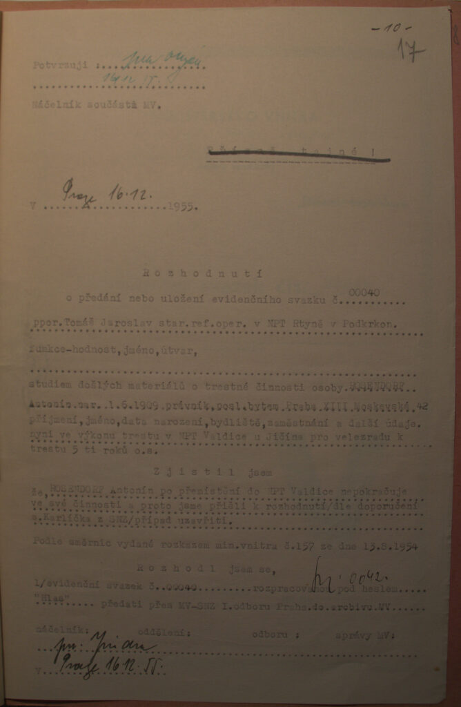 Rosendorf Rozhodnutí O Předání Nebo Uložení Evidenčního Svazku