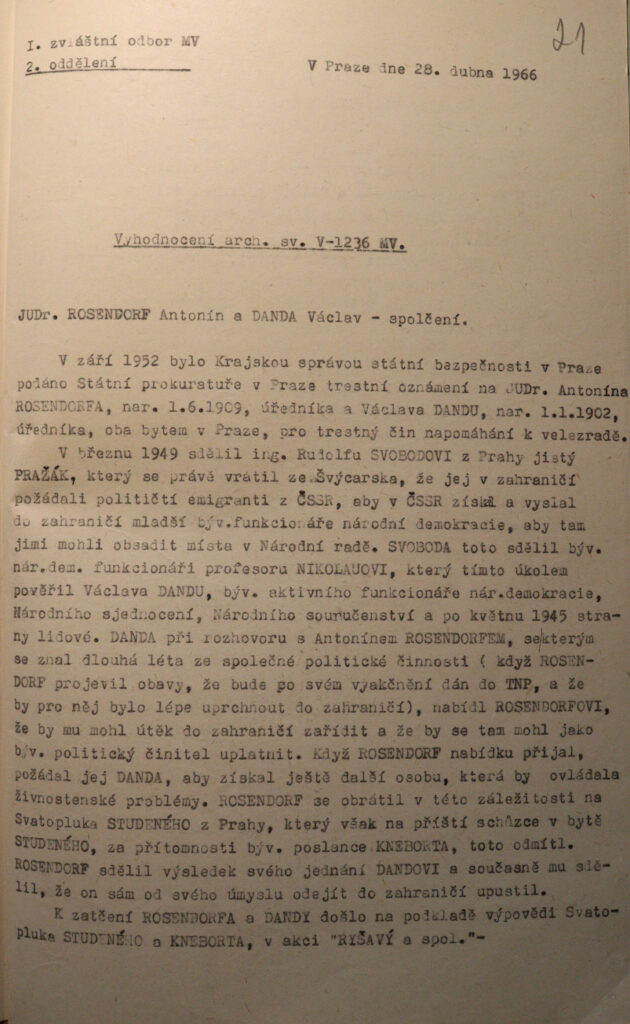 Rosendorf Zpráva Ks Stb (spolčení A. Rosendorf A V. Danda) S.1