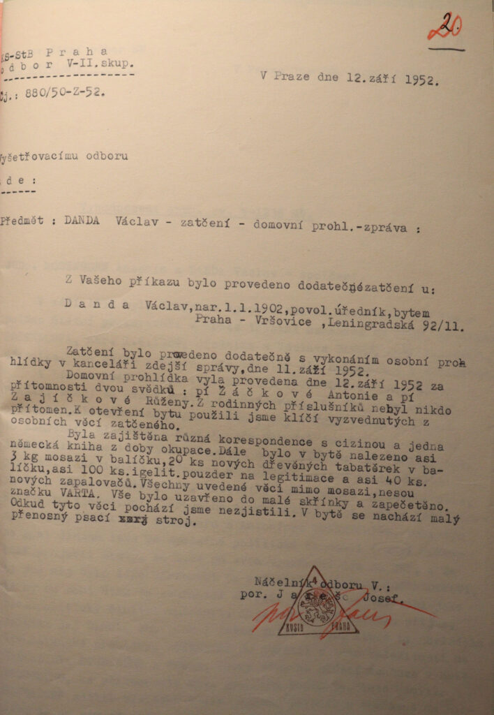 Rosendorf Zpráva Ks Stb (zatčení A Domovní Prohlídka U Václava Dandy)